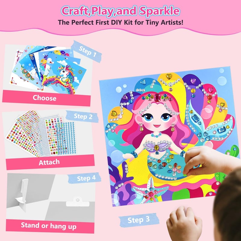 Marlrin Unicorn & Princess Diamond Art Kit for Kids Ages 3-8,Easy Arts and Crafts with 1000+ Gem Stickers,Gem Art Christmas Birthday Gift for Girls 4-7 - Image 4
